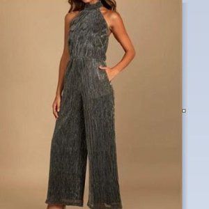 Lulu's Gold & Black Metallic Backless Wide Leg Jumpsuit Size M